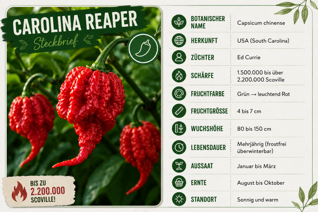 Steckbrief der Carolina Reaper Chili mit Foto einer reifen roten Frucht und den wichtigsten Informationen zu Herkunft, Schärfe, Wuchshöhe, Aussaat, Ernte, Standort und botanischer Einordnung als Capsicum chinense.