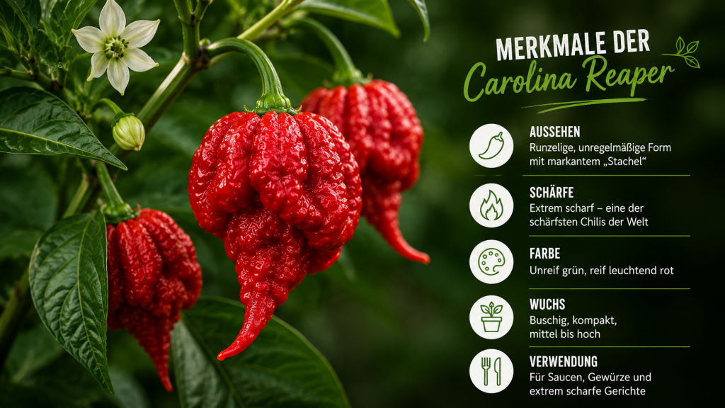 Reife Carolina Reaper Chilis an der Pflanze mit typischer runzeliger Oberfläche und langer Spitze. Infografik zeigt die wichtigsten Merkmale der schärfsten Chilisorte wie Aussehen, Schärfe, Farbe, Wuchs und Verwendung.