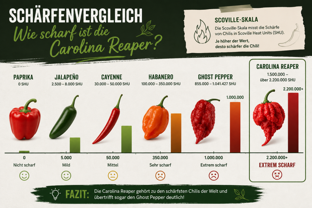 Infografik zum Schärfevergleich verschiedener Chilisorten auf der Scoville-Skala von Paprika über Jalapeño, Cayenne, Habanero und Ghost Pepper bis zur Carolina Reaper mit bis zu über 2,2 Millionen Scoville.