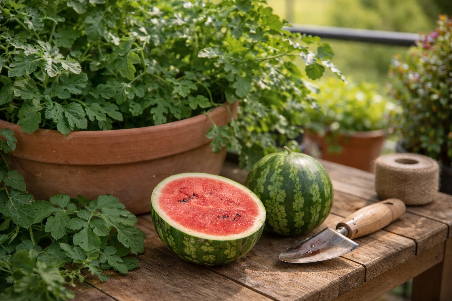 Kleine Wassermelonen der Sorte Mini Love wachsen in einem großen Terrakotta-Kübel auf einer sonnigen Terrasse, eine Frucht ist aufgeschnitten und zeigt saftiges rotes Fruchtfleisch, daneben liegen Gartengeräte auf einem Holztisch.