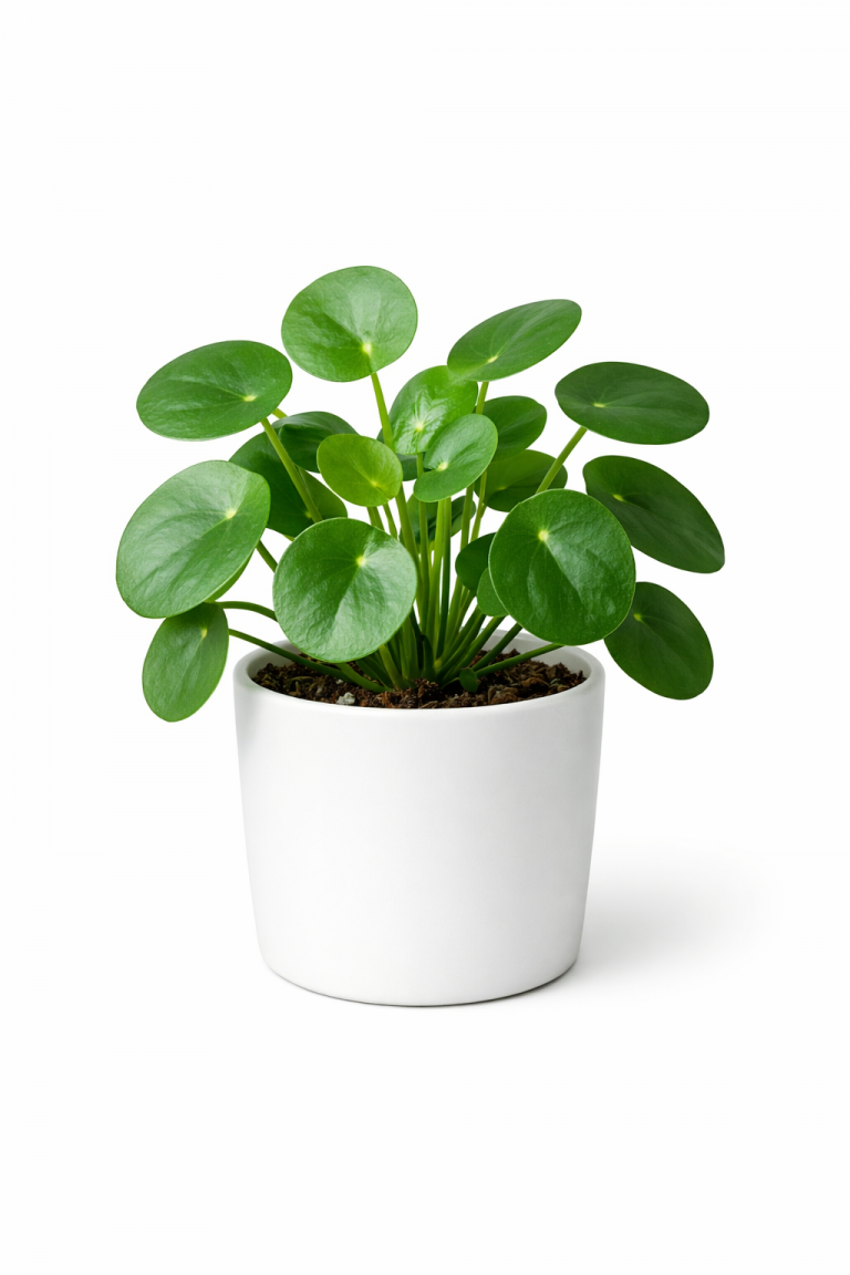 Pilea Ufopflanze im weißen Topf – Pilea peperomioides mit runden grünen Blättern