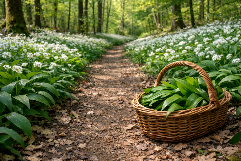 Bärlauch Saison im Frühlingswald – dichter Teppich aus blühendem Bärlauch (Allium ursinum) mit Sammelkorb voller frisch geernteter Blätter auf einem Waldweg.