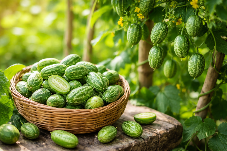 Fotorealistisches Bild von mexikanischen Minigurken (Cucamelons) in einem Korb auf einem Holztisch, mit rankender Pflanze im Hintergrund und frischen grünen Früchten am Spalier im Garten