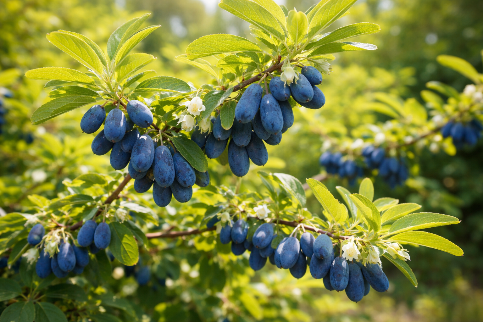 Reife Kamtschatka-Heckenkirsche (Honigbeere) mit dunkelblauen Früchten an einem Strauch im sonnigen Garten