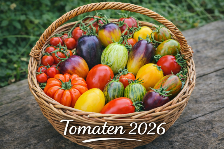 Geflochtener Korb voller bunter, frisch geernteter Tomaten verschiedener Sorten auf einem Holztisch im Garten, darunter gestreifte, gelbe, rote und violette Tomaten. Auf dem Bild steht der Schriftzug „Tomaten 2026“.