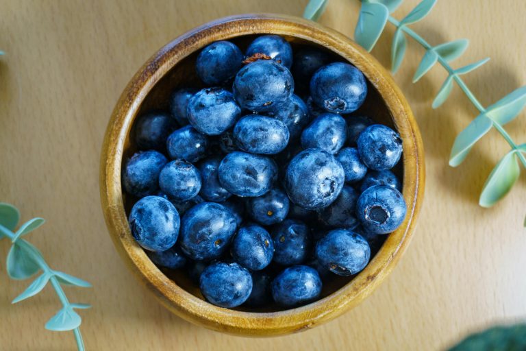 Frische Heidelbeeren in einer Holzschale auf hellem Holztisch, dekoriert mit grünen Zweigen – gesunde Blaubeeren aus eigenem Garten