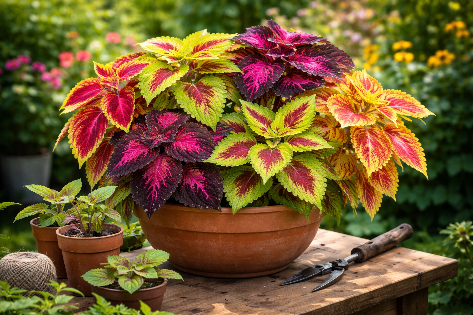 Fotorealistisches Bild einer farbenfrohen Buntnessel (Coleus) in einem Terrakotta-Topf mit intensiv gemusterten Blättern in Rot, Grün und Gelb, platziert auf einem Holztisch im Garten, umgeben von kleinen Pflanztöpfen und Gartenschere.