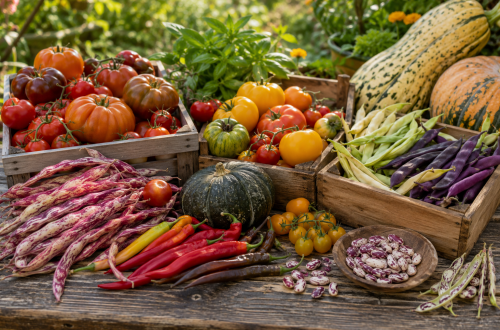 Alte Gemüsesorten der Ark of Taste mit bunten historischen Tomaten, Bohnen, Kürbissen und Chilis in rustikalen Holzkisten im naturnahen Garten. Symbolbild für Biodiversität, samenfeste Sorten und den Erhalt alter Kulturpflanzen.