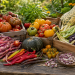Alte Gemüsesorten der Ark of Taste mit bunten historischen Tomaten, Bohnen, Kürbissen und Chilis in rustikalen Holzkisten im naturnahen Garten. Symbolbild für Biodiversität, samenfeste Sorten und den Erhalt alter Kulturpflanzen.