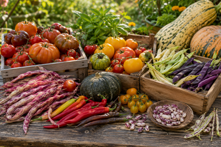 Alte Gemüsesorten der Ark of Taste mit bunten historischen Tomaten, Bohnen, Kürbissen und Chilis in rustikalen Holzkisten im naturnahen Garten. Symbolbild für Biodiversität, samenfeste Sorten und den Erhalt alter Kulturpflanzen.