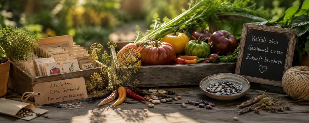 Samenfeste Gemüsesorten der Ark of Taste mit historischen Tomaten, Chilis, Bohnen und Saatgut auf einem rustikalen Gartentisch. Symbolbild für Biodiversität, alte Nutzpflanzen und den Erhalt genetischer Vielfalt.