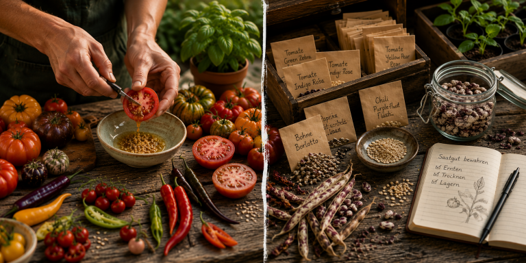 Saatgut aus historischen Tomaten gewinnen und samenfeste Gemüsesorten sortieren. Zweiteiliges Bild zur Ark of Taste mit Samenernte, Saatgutaufbewahrung und dem Erhalt alter Kulturpflanzen.