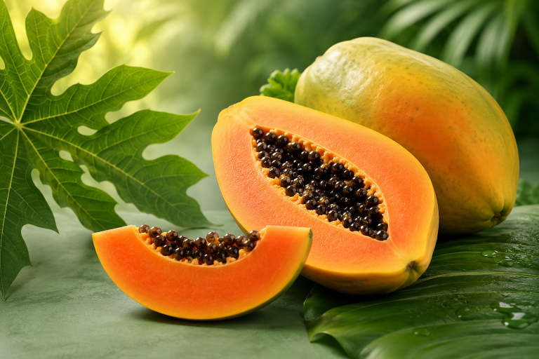 Reife Papayas mit leuchtend orangefarbenem Fruchtfleisch und schwarzen Samen, dekorativ auf tropischen Blättern arrangiert. Im Hintergrund sind große Papayablätter in einer natürlichen, sonnigen Umgebung zu sehen.