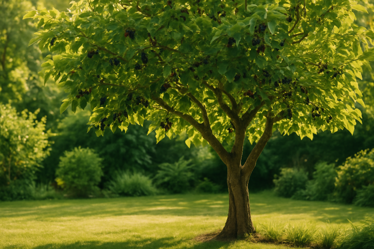 Reifer Maulbeerbaum mit dunklen, reifen Früchten in einem sonnenbeschienenen Garten