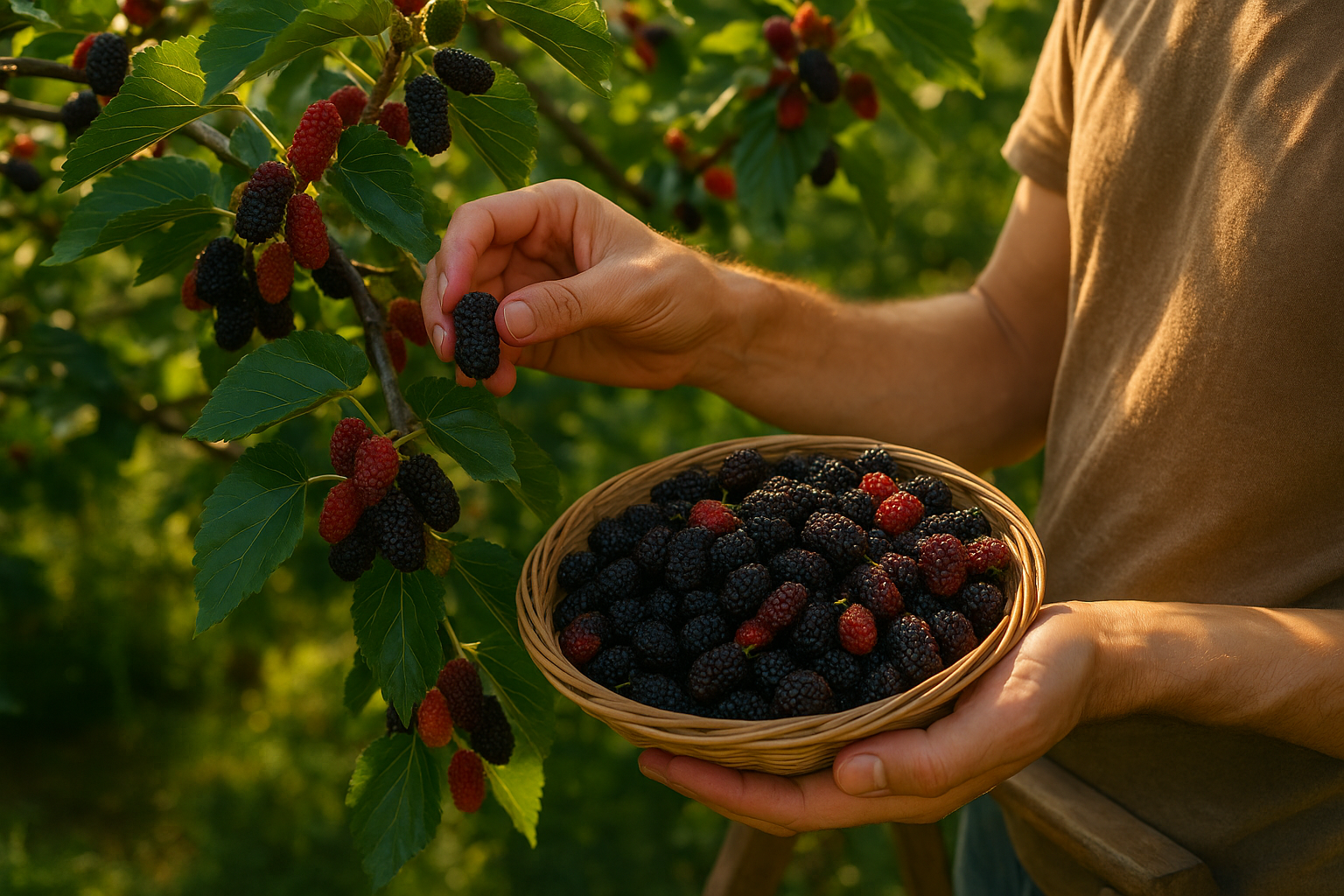 Person erntet reife Maulbeeren in einem Korb